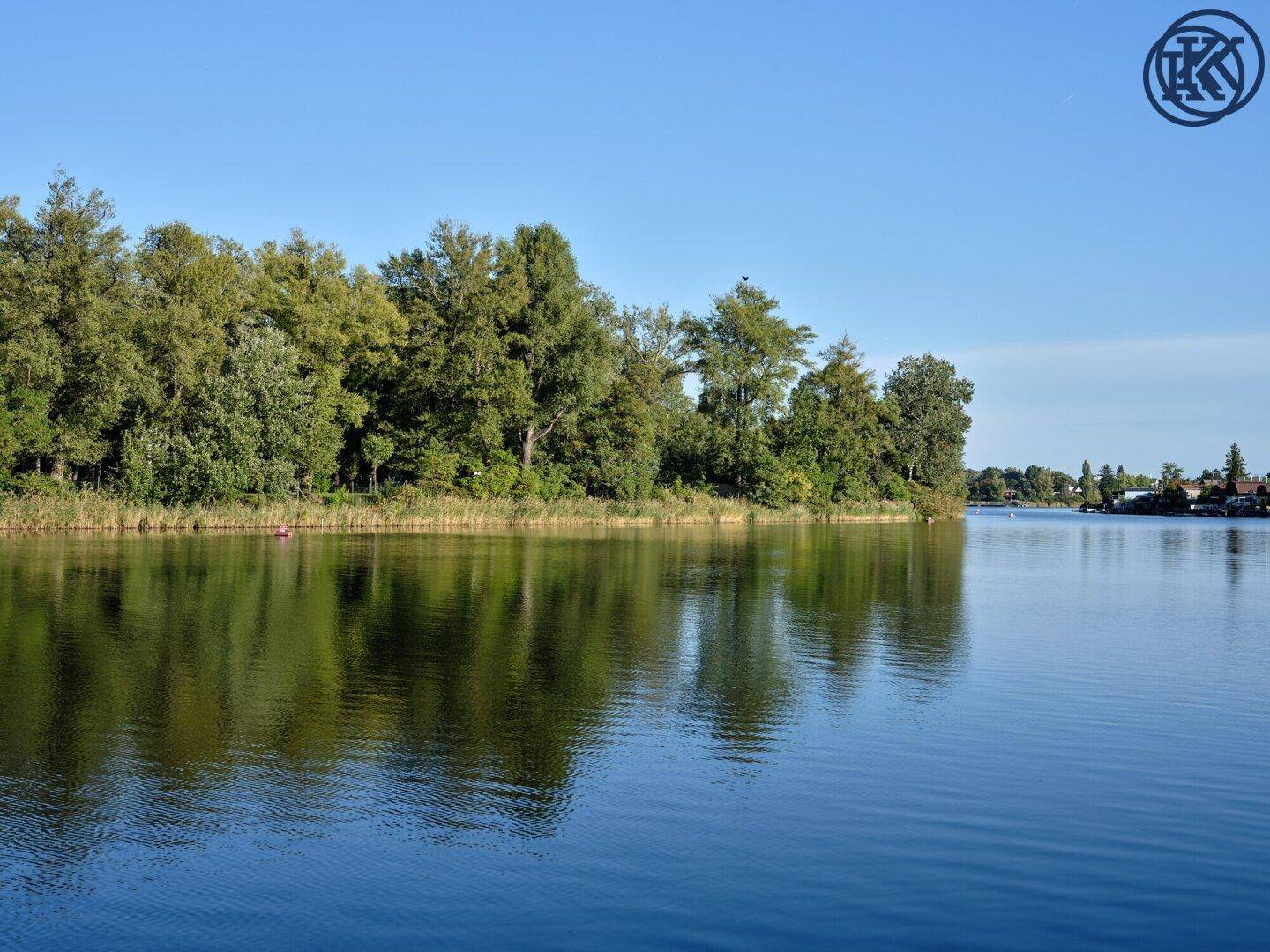 Weitläufiger Blick über einen ruhigen See mit bewaldetem Ufer unter blauem Himmel.