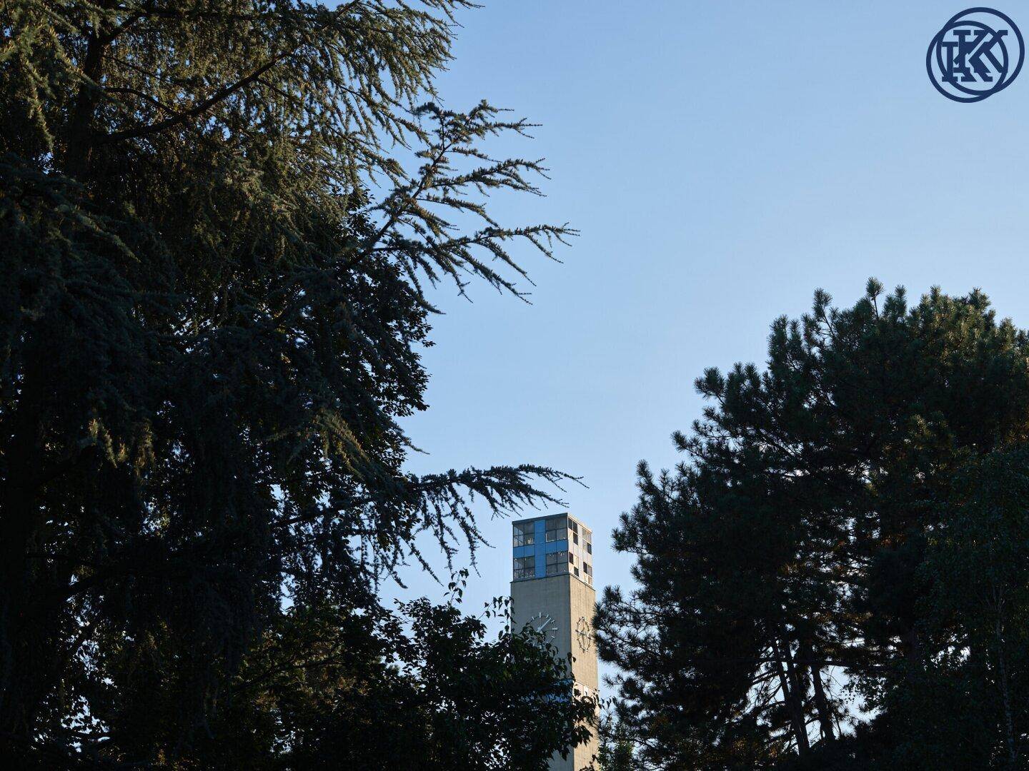Ein Uhrturm ragt zwischen hohen Bäumen hervor unter einem klaren blauen Himmel.