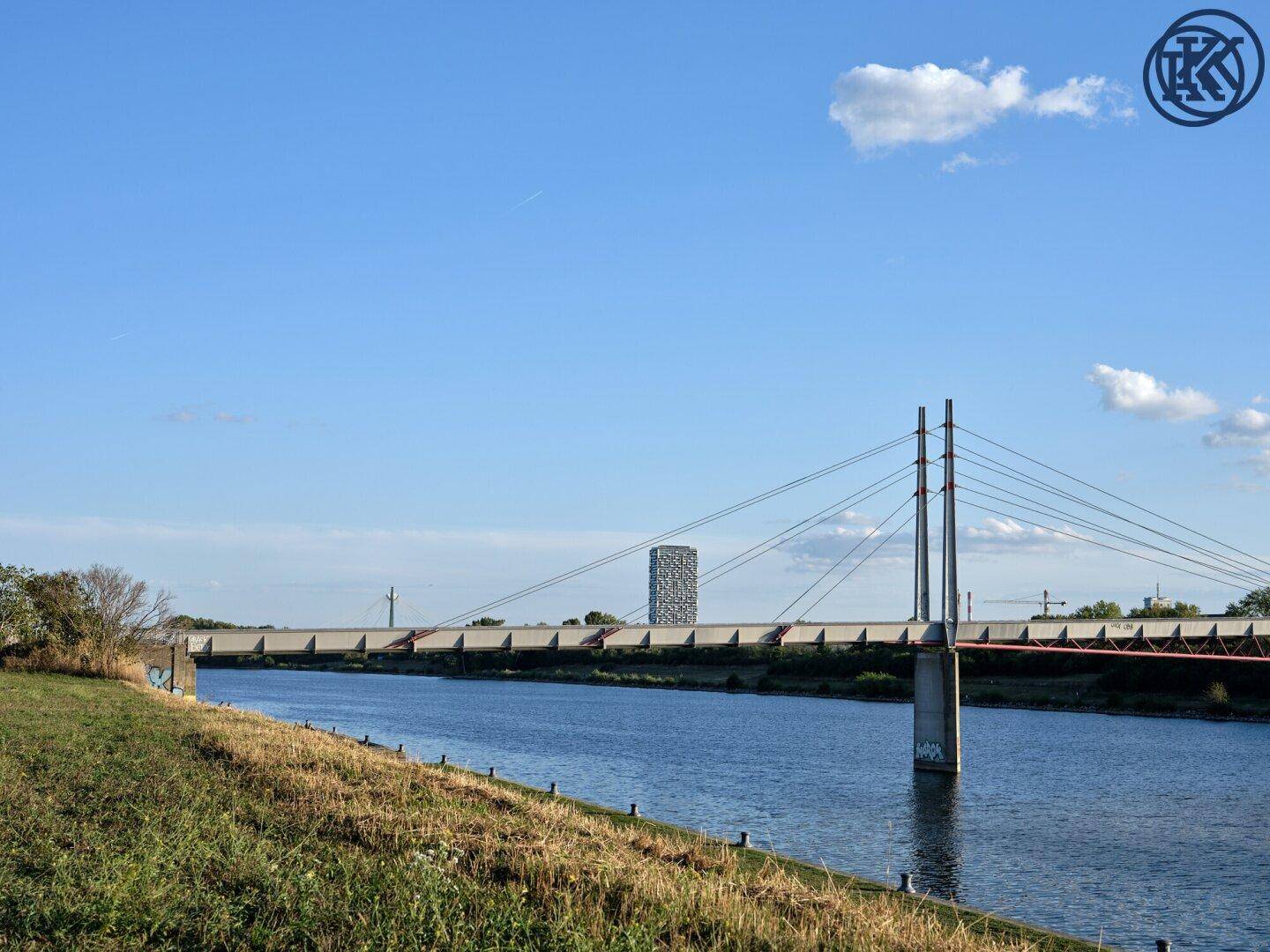 Moderne Brücke über einen Fluss mit einem markanten Gebäude in der Ferne unter blauem Himmel.