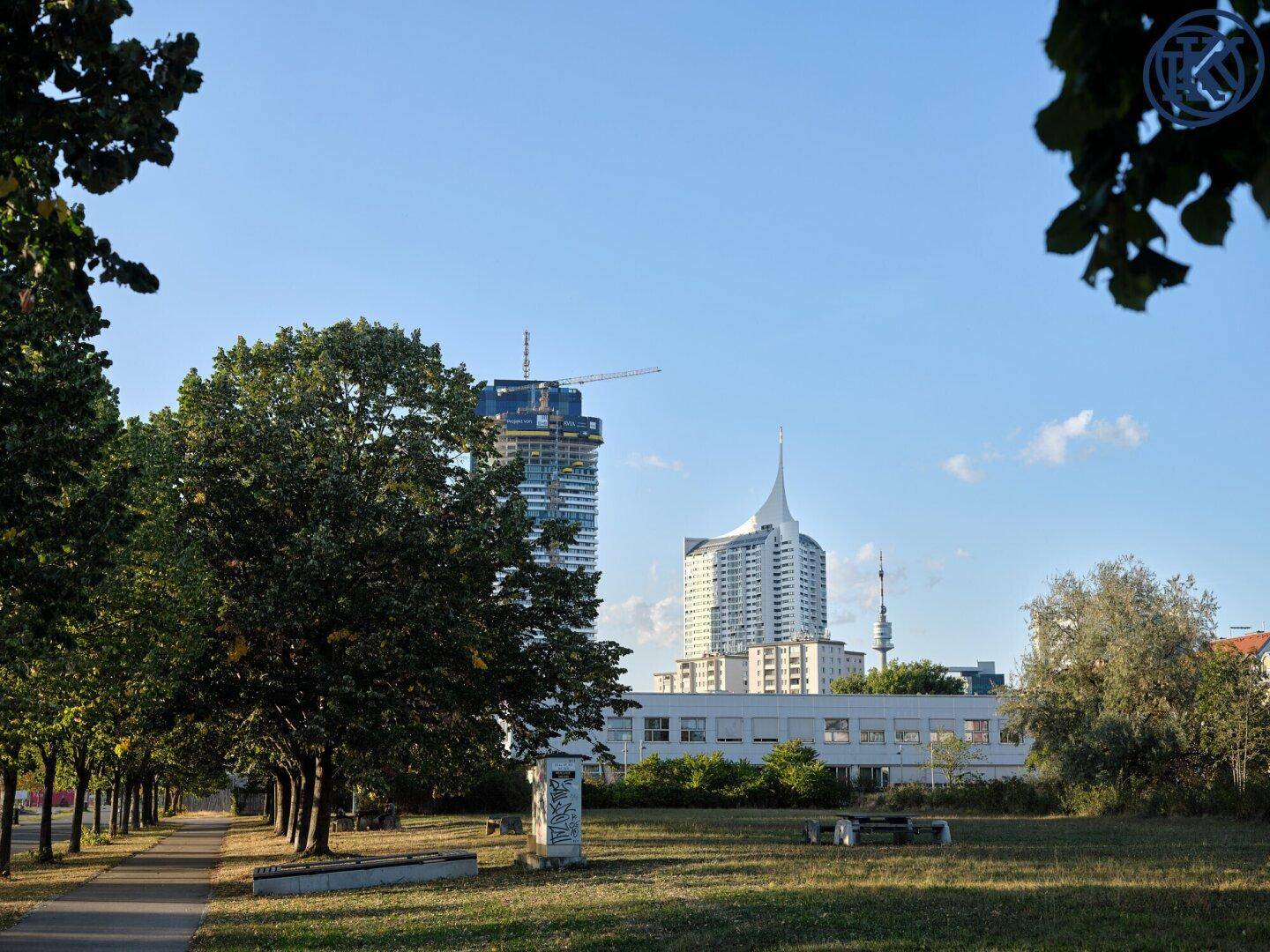 Grüne Parklandschaft mit Spazierwegen und modernen Hochhäusern in der Ferne.