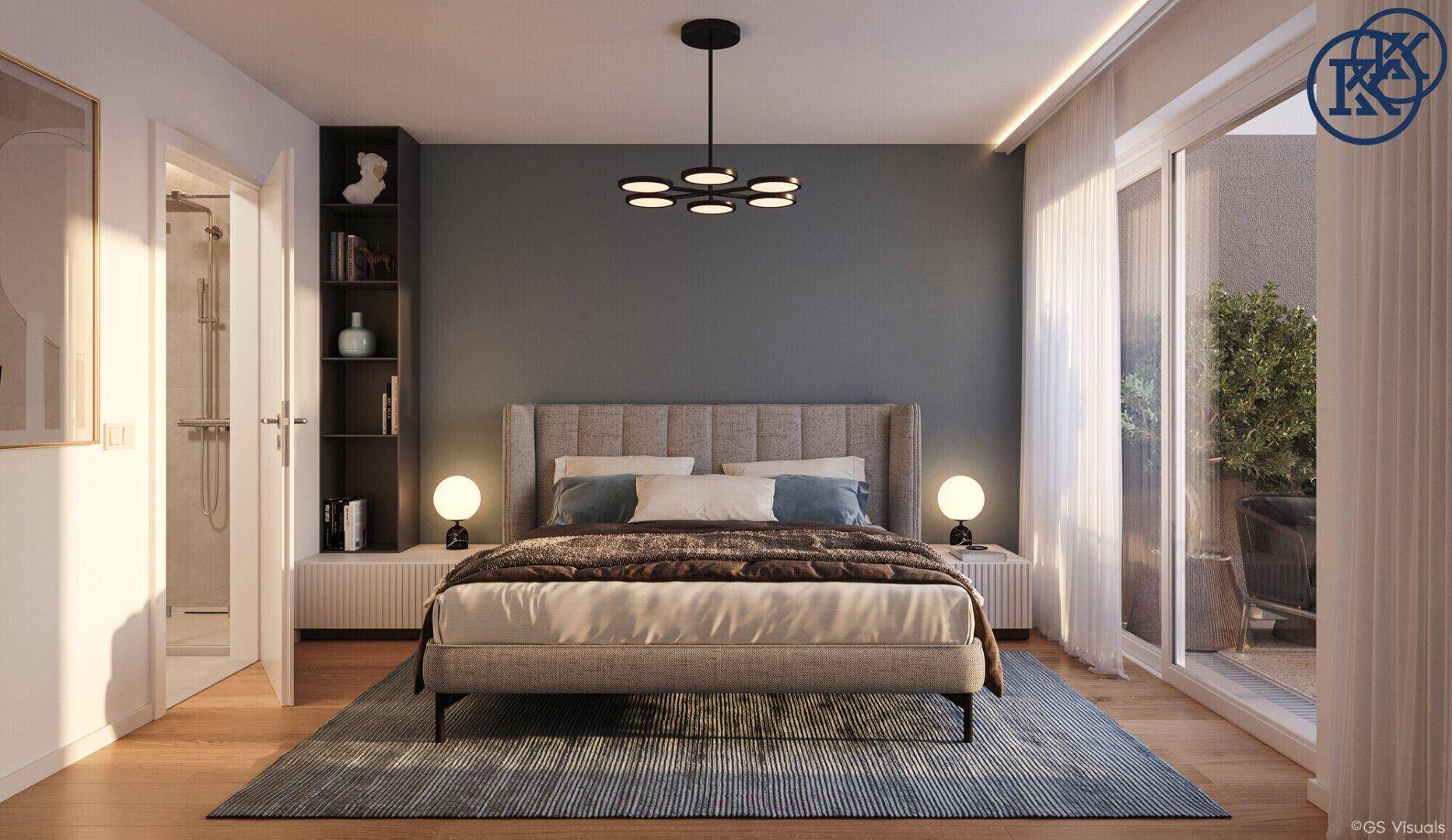 Gemütliches Schlafzimmer mit modernem Bett, Holzboden und Zugang zu einem Balkon.