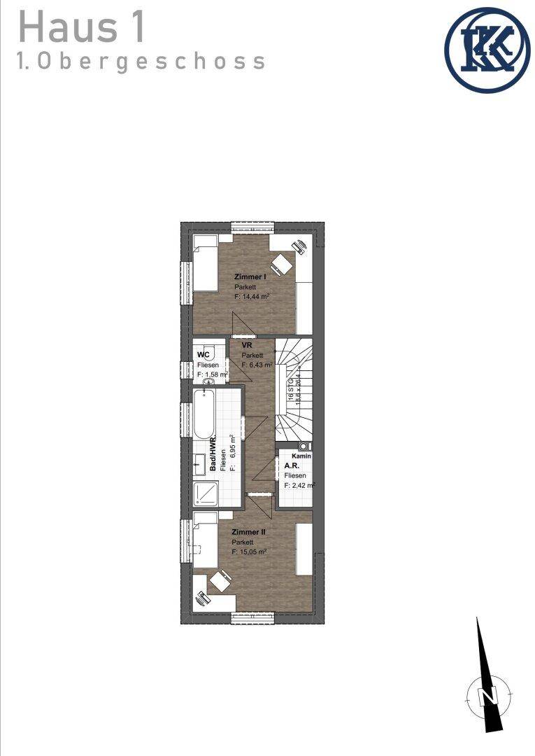 Grundriss des 1. Obergeschosses mit zwei Schlafzimmern, Bad, WC und Treppenaufgang.