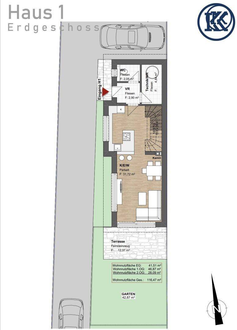 Grundriss des Erdgeschosses mit offener Küche, Wohnbereich, Terrasse und Garten.