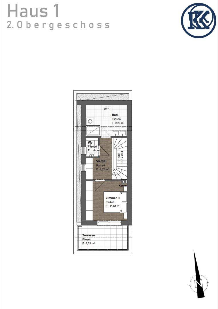 Grundriss des 2. Obergeschosses mit einem Zimmer, Bad, WC und Zugang zu einer Terrasse.