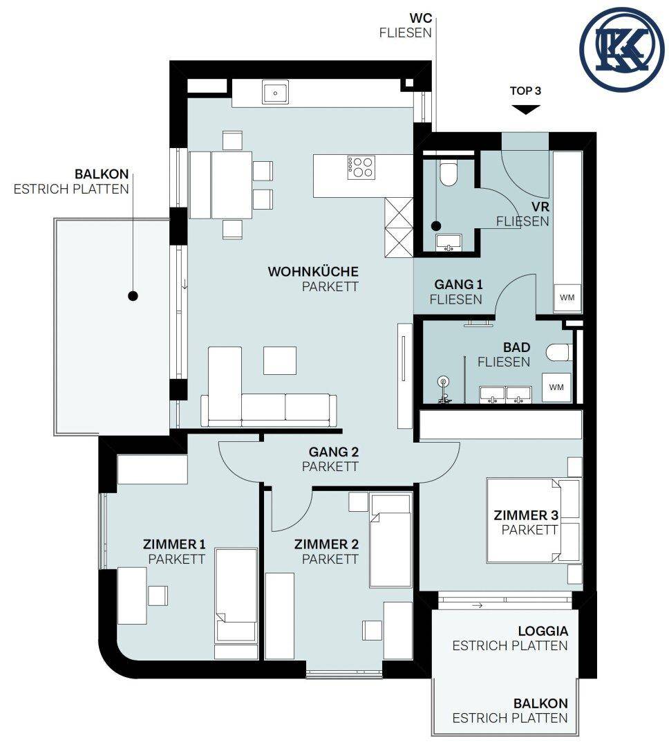 Grundriss der Wohnung Top 3 mit Wohnküche, drei Zimmern, Bad und Balkon.