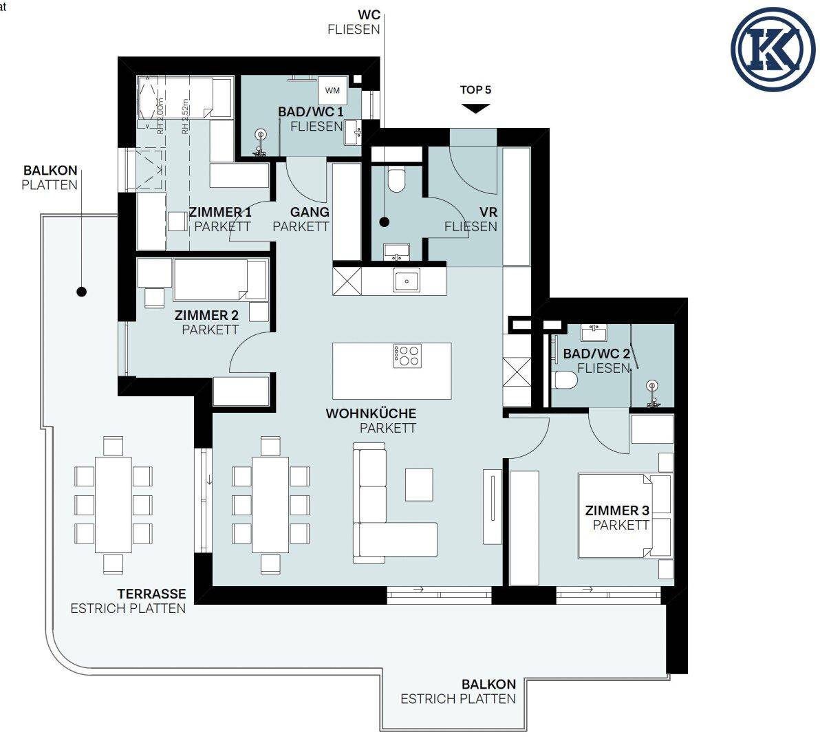 Detaillierter Grundriss einer Wohnung mit drei Zimmern, Wohnküche, zwei Bädern, Balkon und Terrasse.