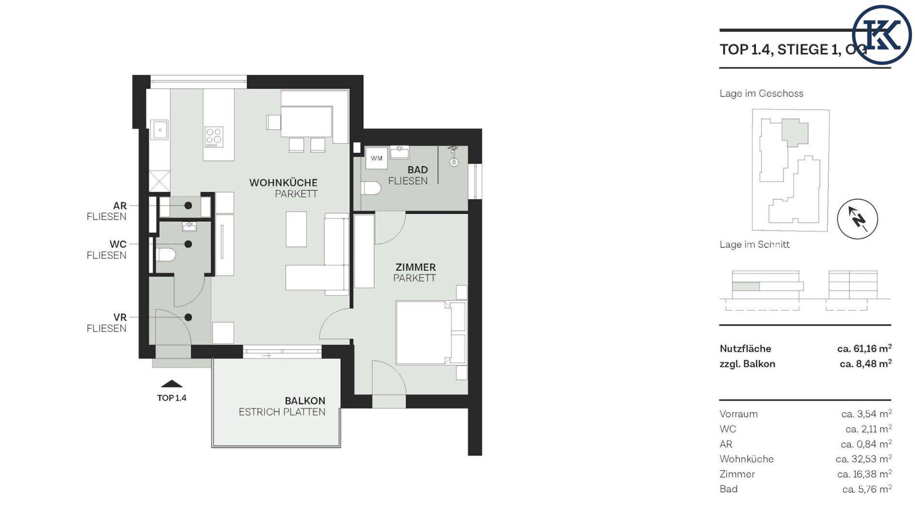 Grundriss der Wohnung TOP 1.4 mit Wohnküche, Zimmer, Bad und Balkon.