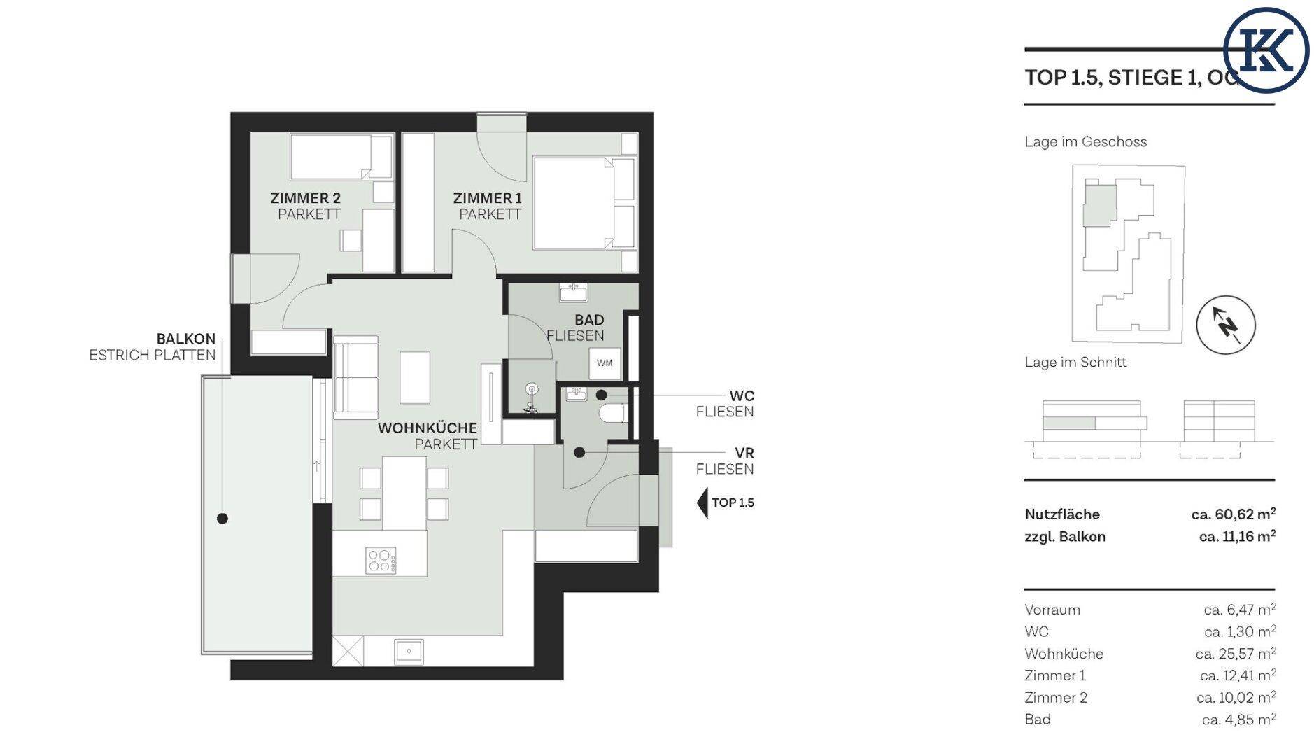 Grundriss einer Wohnung mit zwei Schlafzimmern, offener Wohnküche, Bad, separatem WC und Balkon.