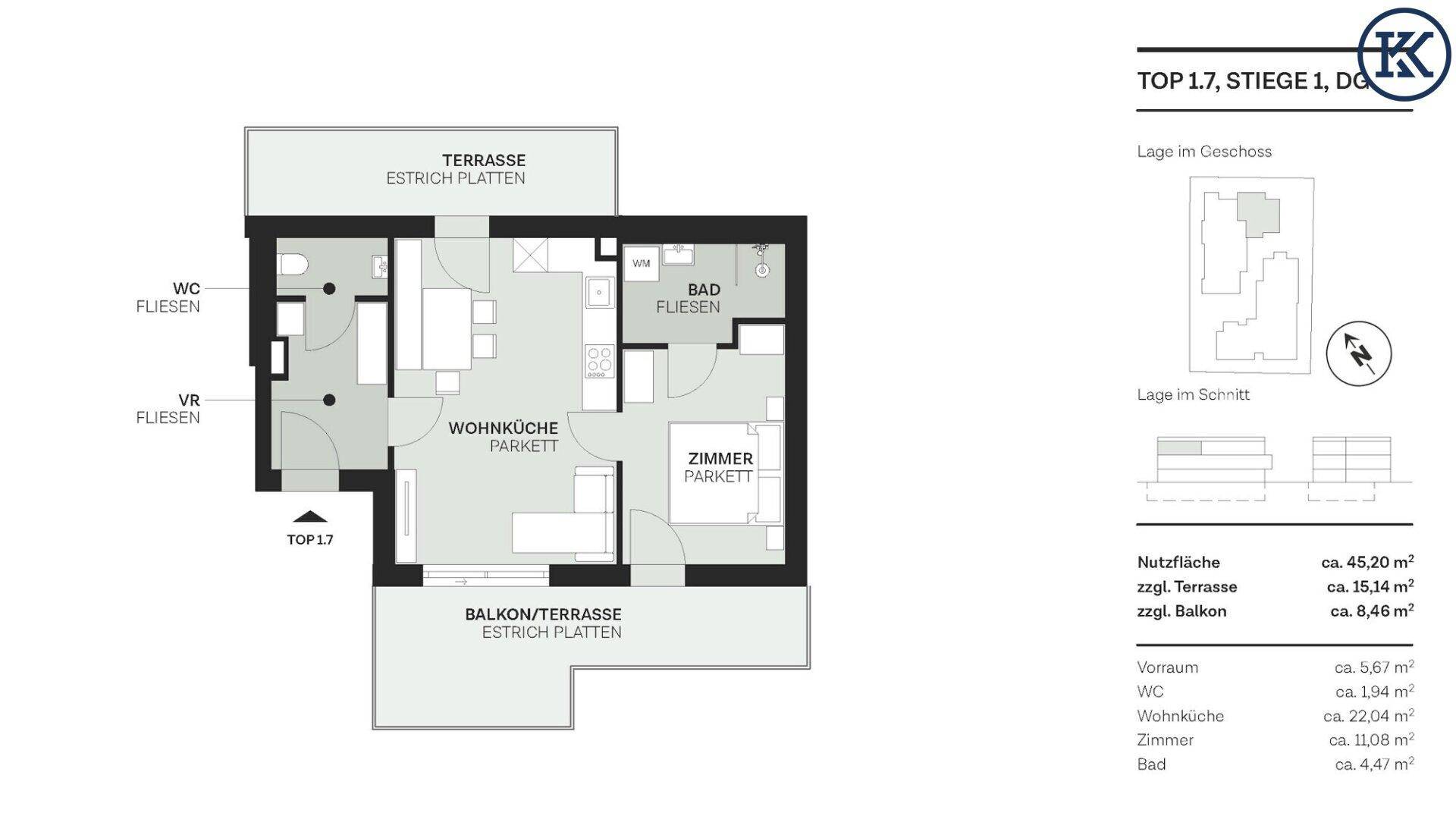 Grundriss einer Wohnung mit offener Wohnküche, Schlafzimmer, Bad, separatem WC, Terrasse und Balkon.