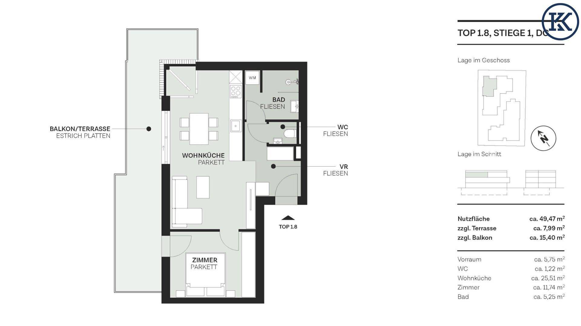 Grundriss einer Wohnung mit Wohnküche, Schlafzimmer, Bad, separatem WC und Balkon/Terrasse.