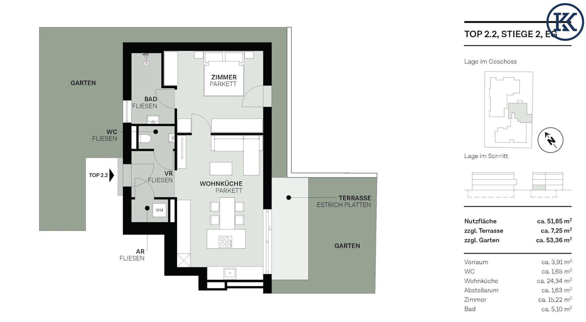 Grundriss der Wohnung Top 2.2 mit Wohnküche, Schlafzimmer, Bad und Terrasse.
