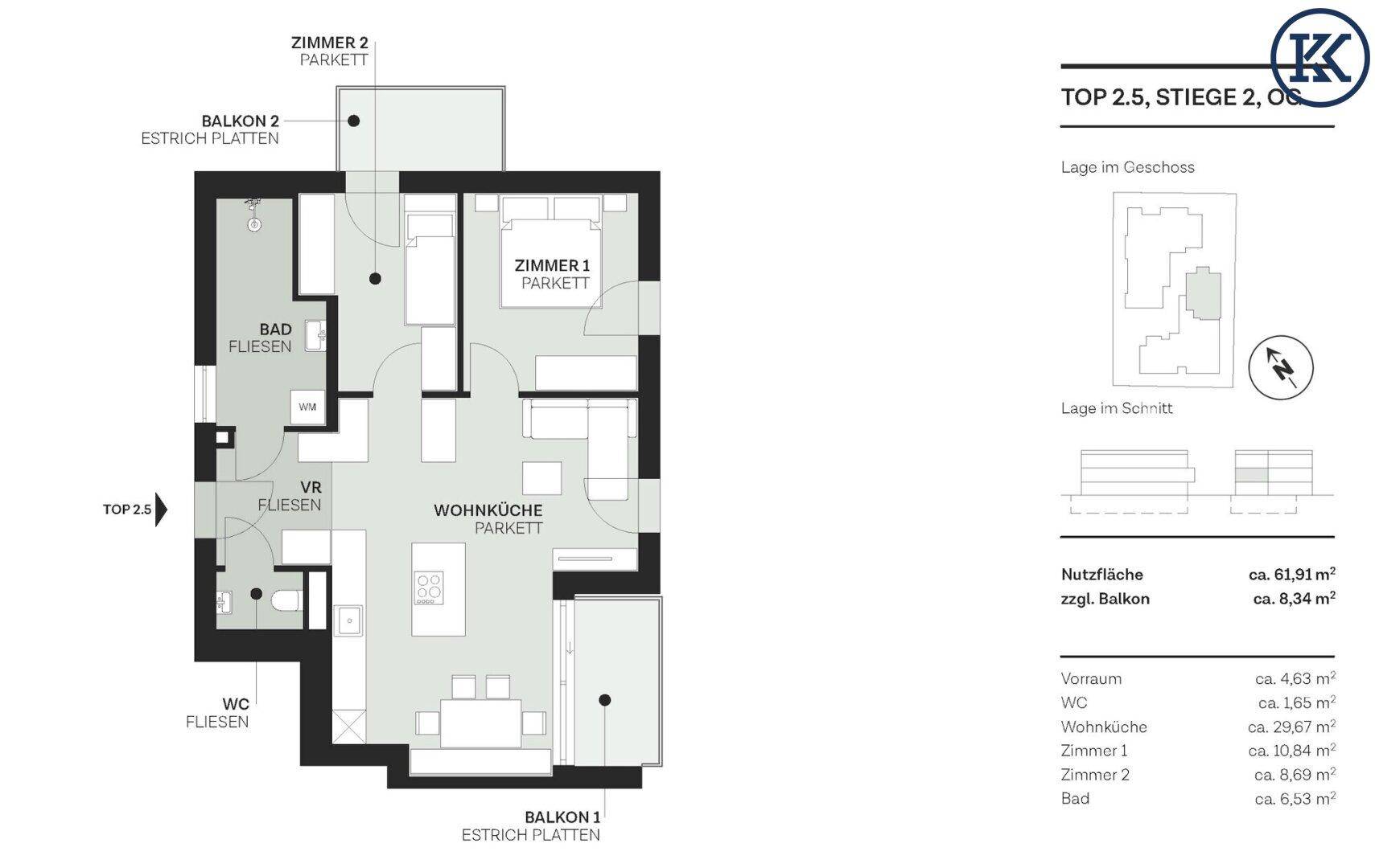 Grundriss einer Wohnung mit zwei Schlafzimmern, Wohnküche und zwei Balkonen.