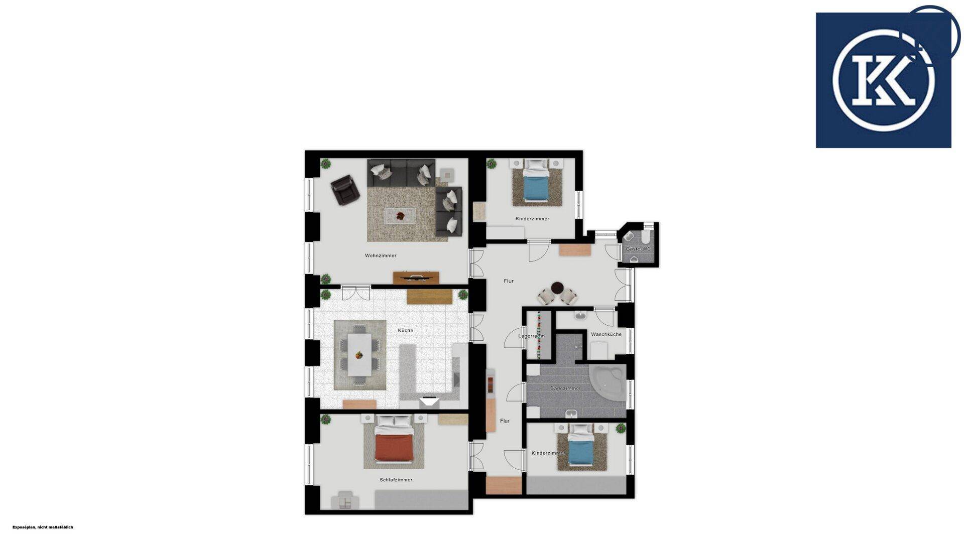 Grundriss einer Wohnung mit offenem Wohnbereich, Küche, zwei Schlafzimmern und Balkon.