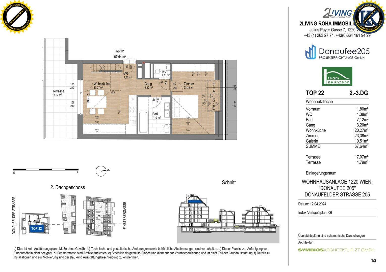 Detaillierter Grundriss einer Wohnung im 2. Dachgeschoss mit Terrasse und Galerie.