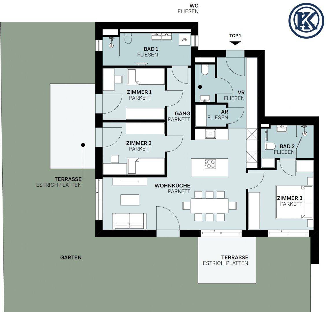 Grundriss der Wohnung Top 1 mit drei Zimmern, Wohnküche, zwei Bädern und Terrassen.
