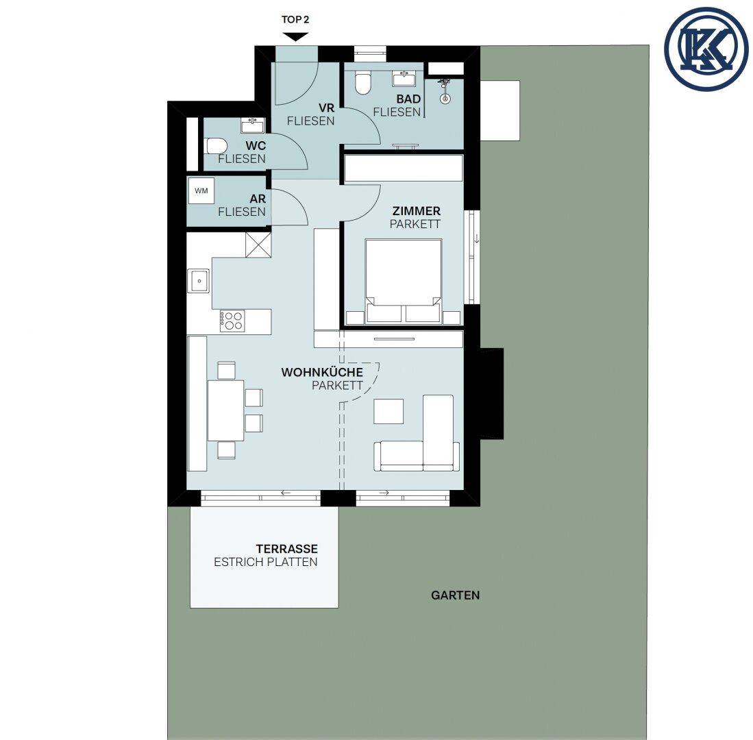 Grundriss einer Wohnung mit Wohnküche, Schlafzimmer, Bad, WC und Terrasse mit Garten.