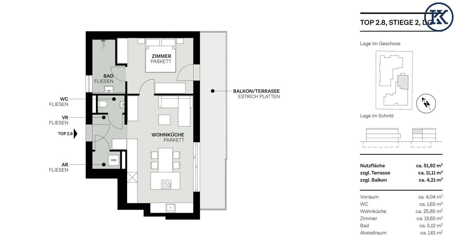 Grundriss der Wohnung Top 2.8 mit Wohnküche, Zimmer und Balkon/Terrasse.