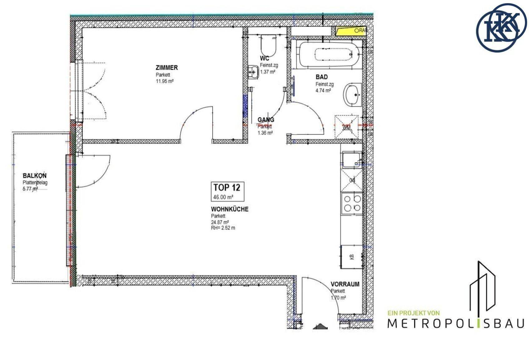 Grundriss einer Wohnung mit Wohnküche, Zimmer, Bad, WC, Gang und Balkon.