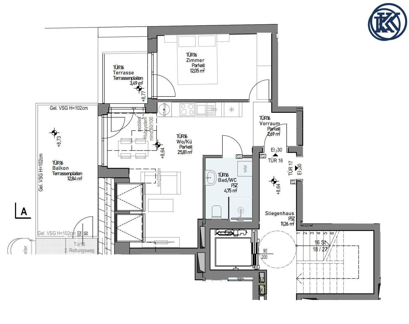 Grundriss einer Wohnung mit Balkon, Terrasse, Schlafzimmer und offenem Wohnbereich.