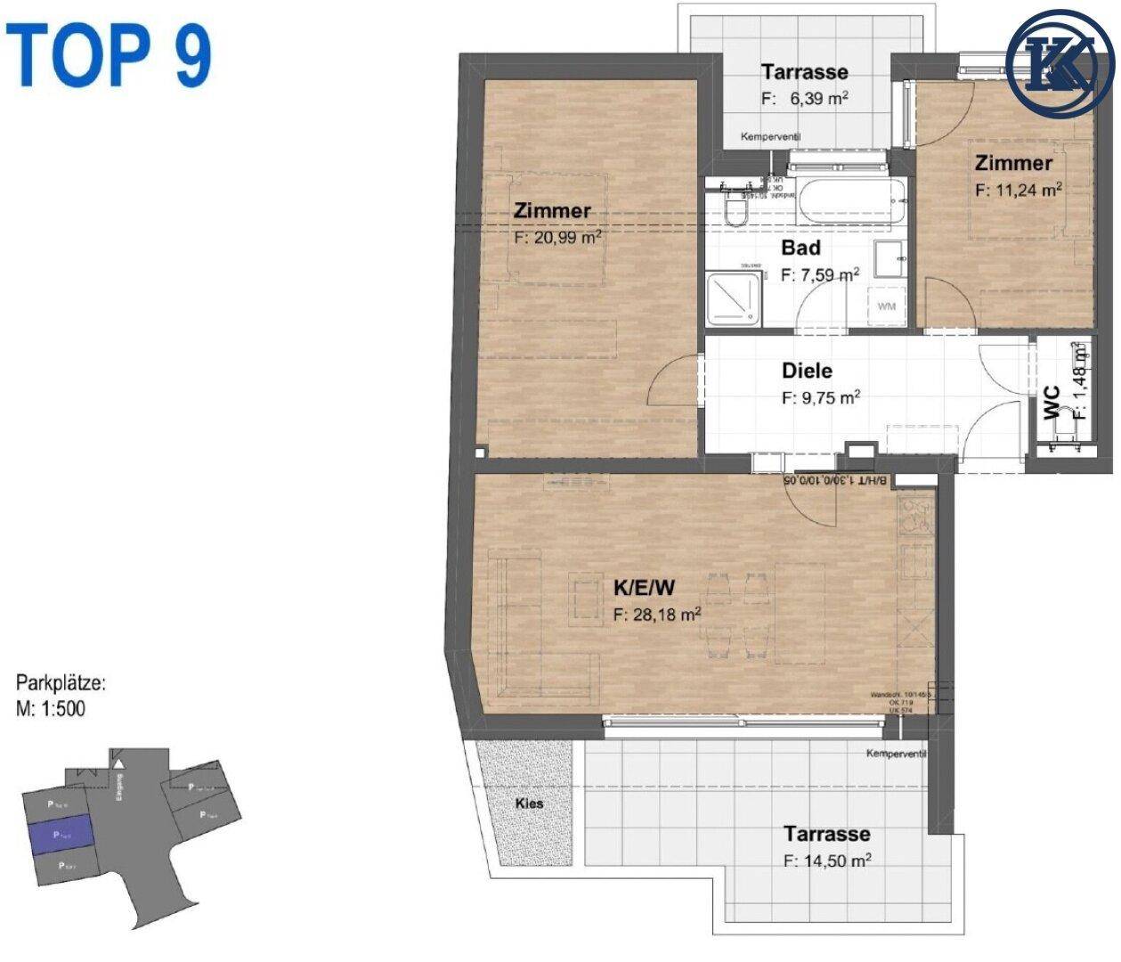 Grundriss der Wohnung "TOP 9" mit zwei Terrassen, Schlafzimmern, Bad und WC.