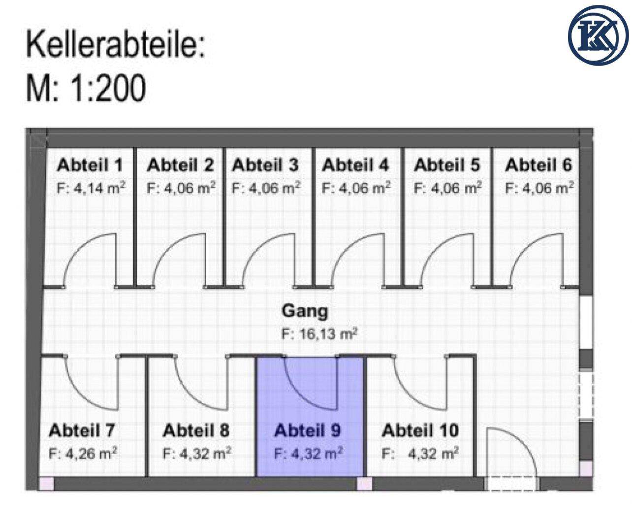 Grundriss der Kellerabteile mit individuellen Flächenangaben und einem gemeinsamen Gang.