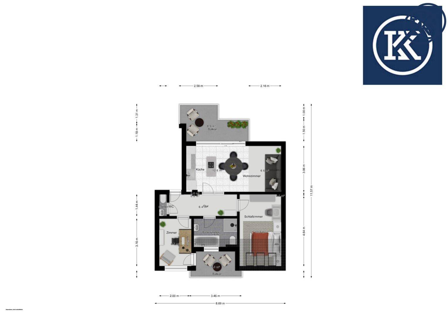 Detaillierter Grundriss einer Wohnung mit Möblierung, Balkon und Terrasse.
