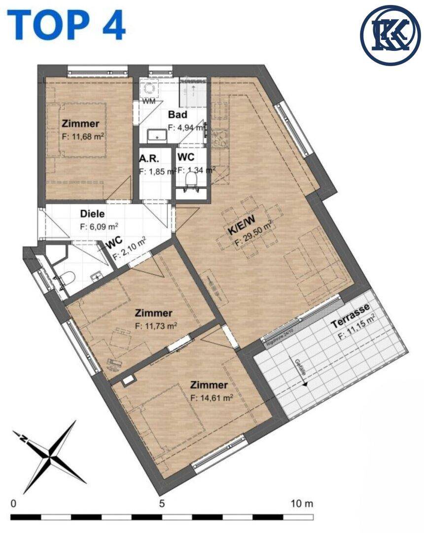 Grundriss der Wohnung TOP 4 mit drei Zimmern, Bad, WC, offener Küche und Terrasse.