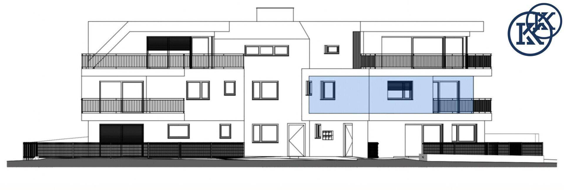 Architektonische Darstellung einer Gebäudefassade, wobei eine Wohneinheit blau hervorgehoben ist.