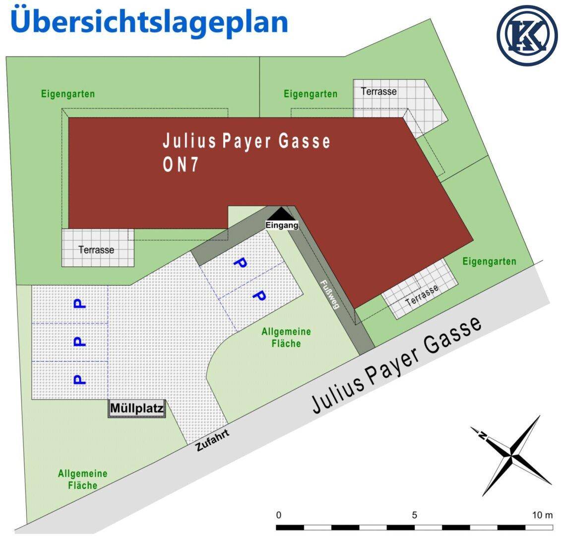 Übersichtslageplan des Grundstücks mit Gebäude, Eigengärten, Terrassen und Parkplätzen.