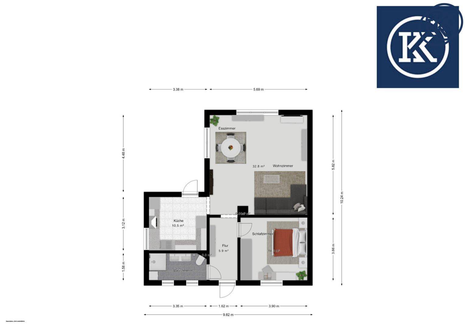 Grundriss einer Wohnung mit Wohnzimmer, Esszimmer, Küche und Schlafzimmer, inklusive Maßen.