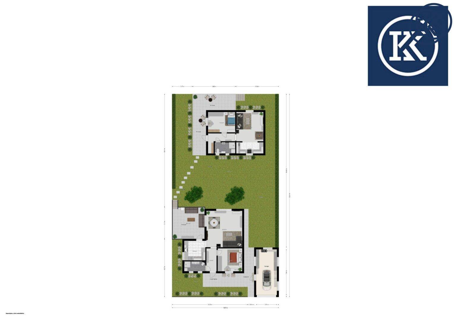 Gesamtgrundriss des Grundstücks mit zwei Gebäuden und Gartenflächen, inklusive Wegeführung.