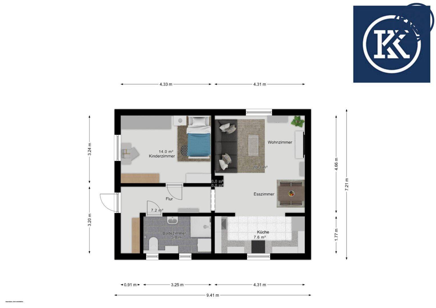 Grundriss einer Wohnung mit Kinderzimmer, Wohnzimmer, Esszimmer und Küche, inklusive Maßen.