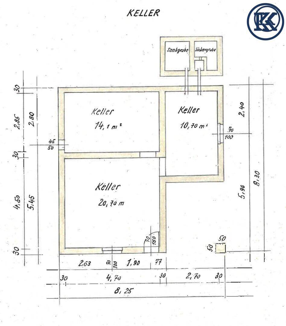 Grundriss des Kellers mit drei separaten Kellerräumen und Abmessungen.