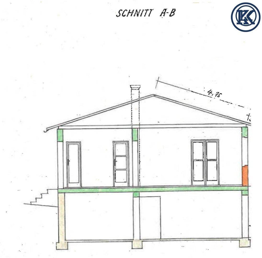 Schnittansicht A-B des Hauses mit Dachform und Geschosseinteilung.