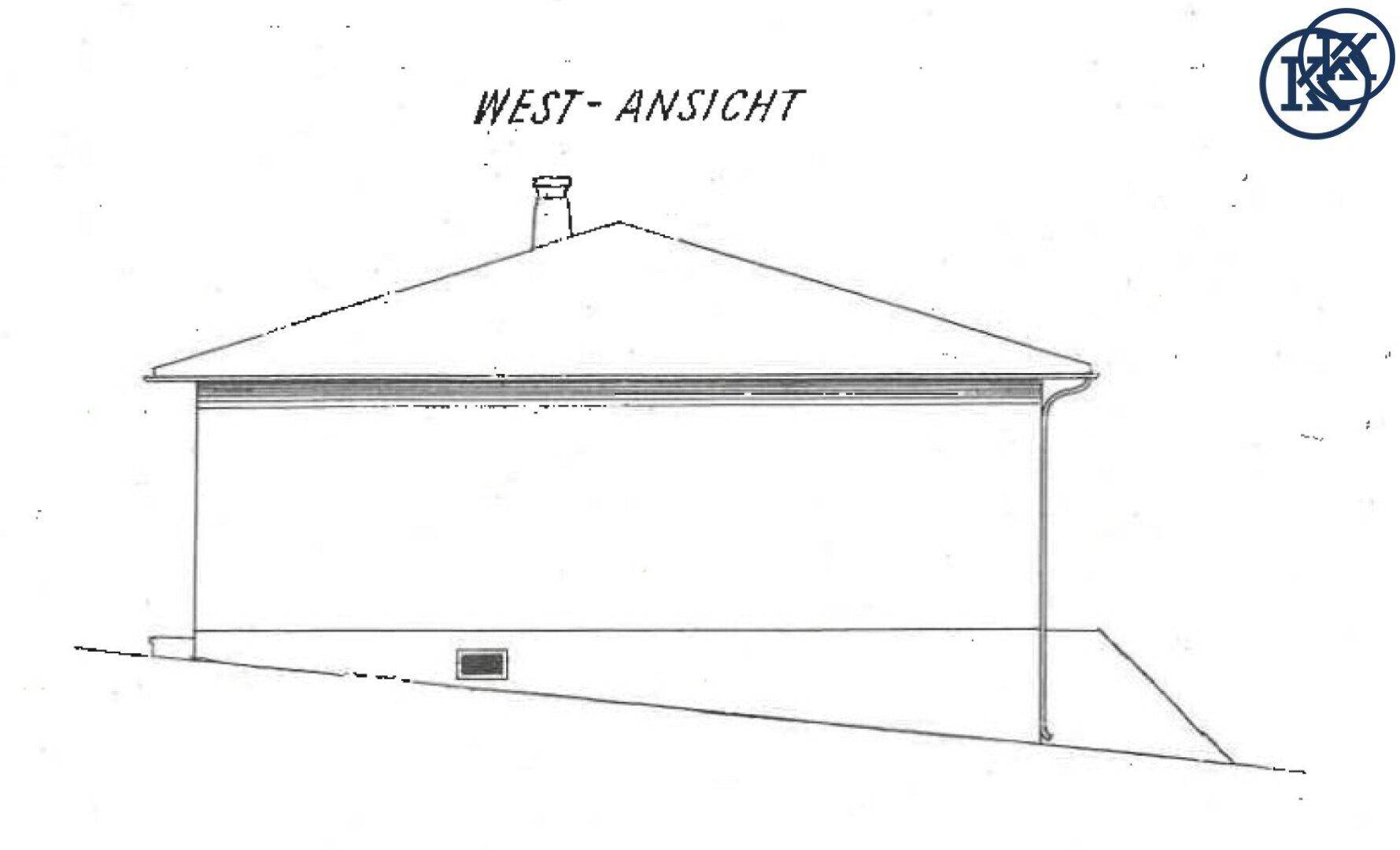 Architektonische Zeichnung der Westansicht eines Hauses mit minimalistischer Fassade.