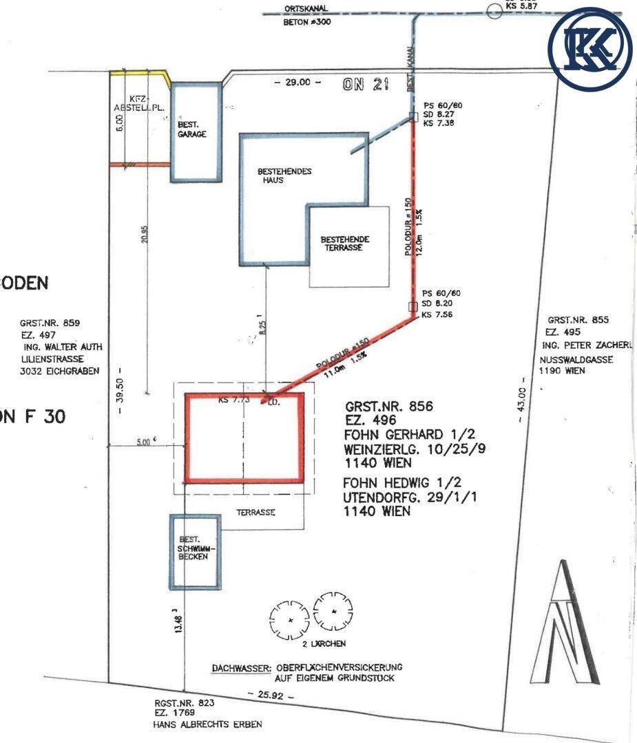 Lageplan des Grundstücks mit bestehendem Haus, Terrasse und Schwimmbecken.