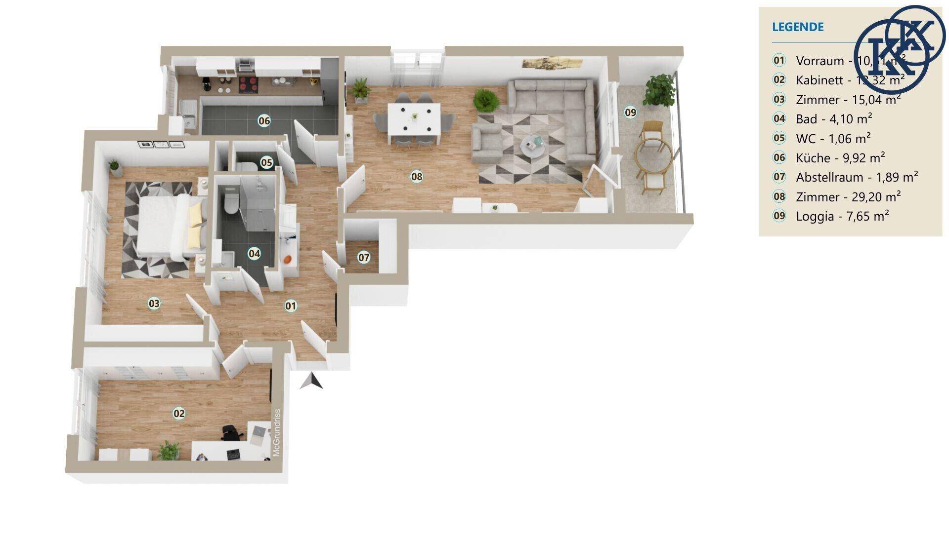 Möblierter 3D-Grundriss mit Küche, Wohnbereich, Schlafzimmer, Büro und Loggia.