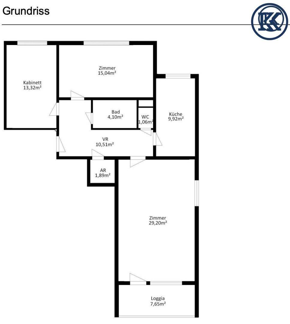 Schwarz-weißer Grundriss mit Raumbezeichnungen und Flächenangaben in Quadratmetern.