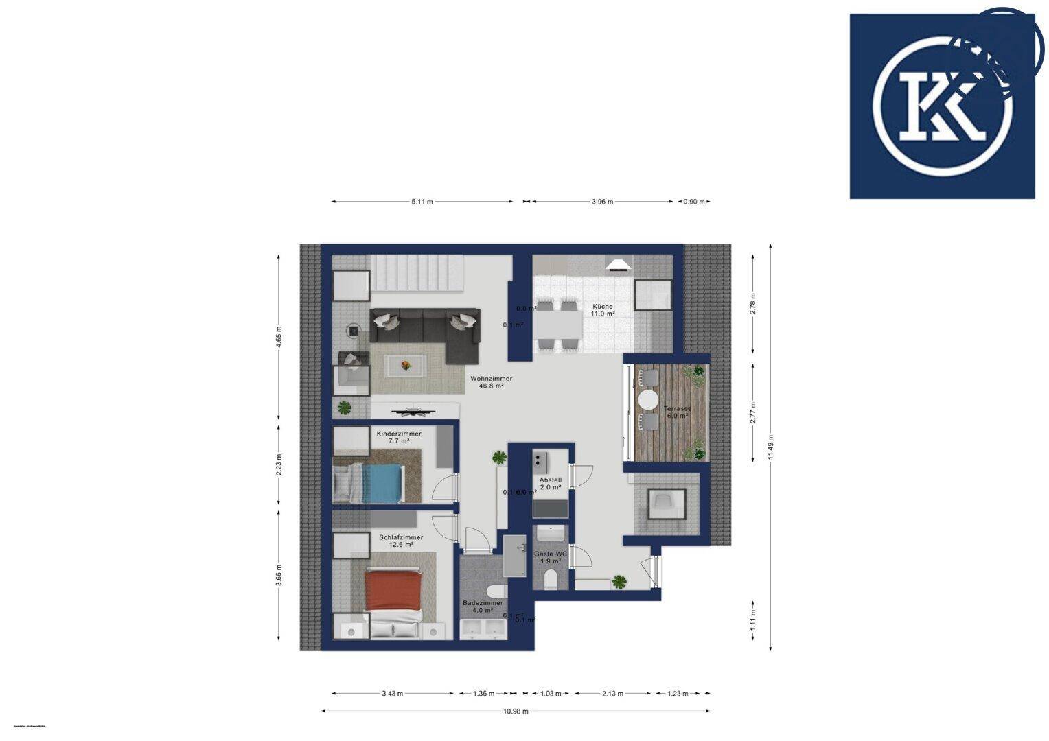 Grundriss der Hauptebene mit Wohnzimmer, Küche, zwei Schlafzimmern und Terrasse.