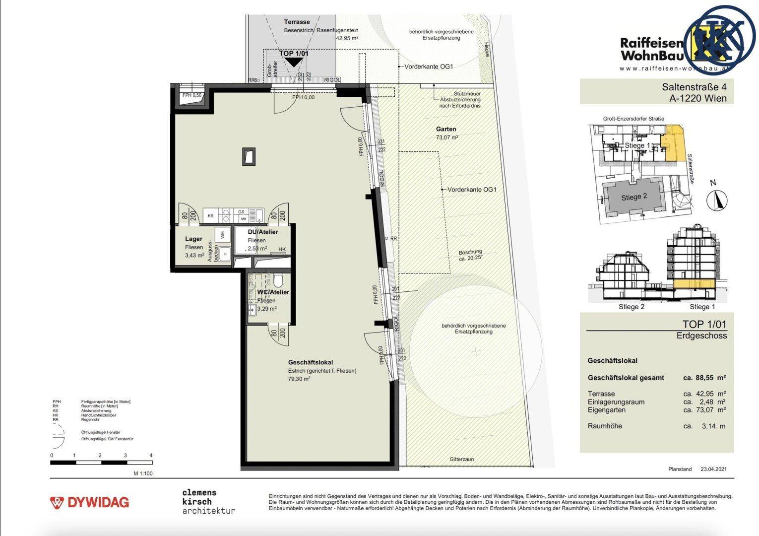 Detaillierter Grundriss eines Geschäftslokals im Erdgeschoss mit Terrasse und Gartenanteil.
