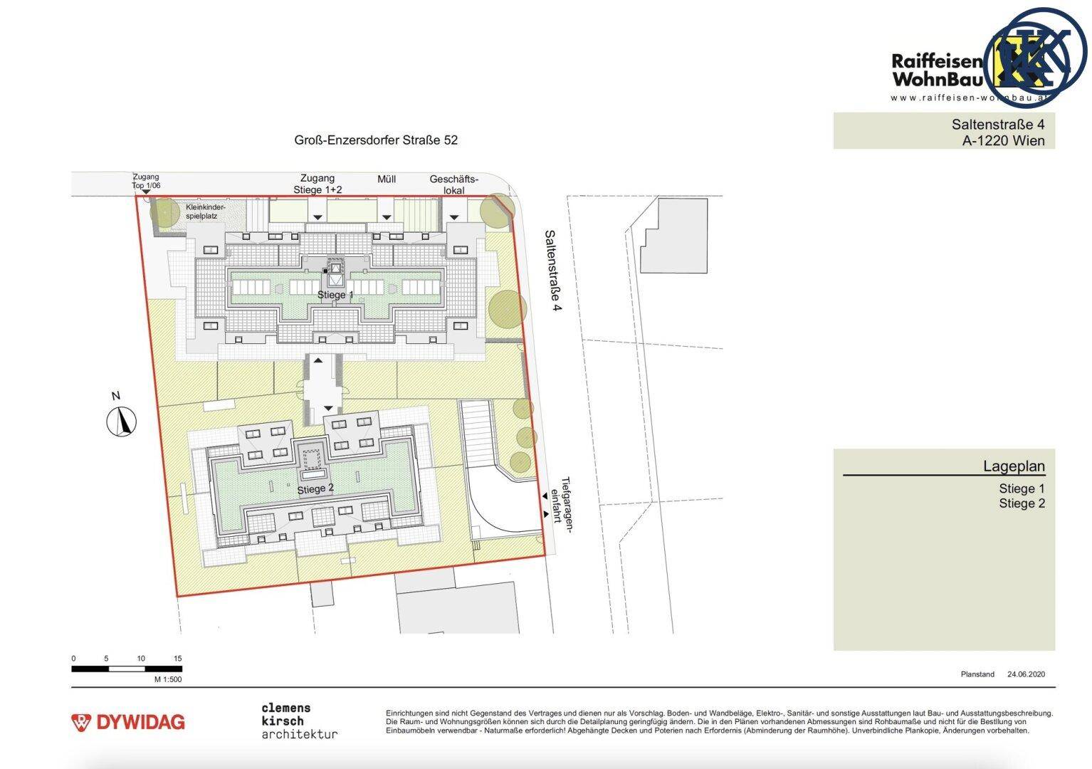 Lageplan des Gebäudekomplexes mit zwei Stiegen und umliegenden Straßen.