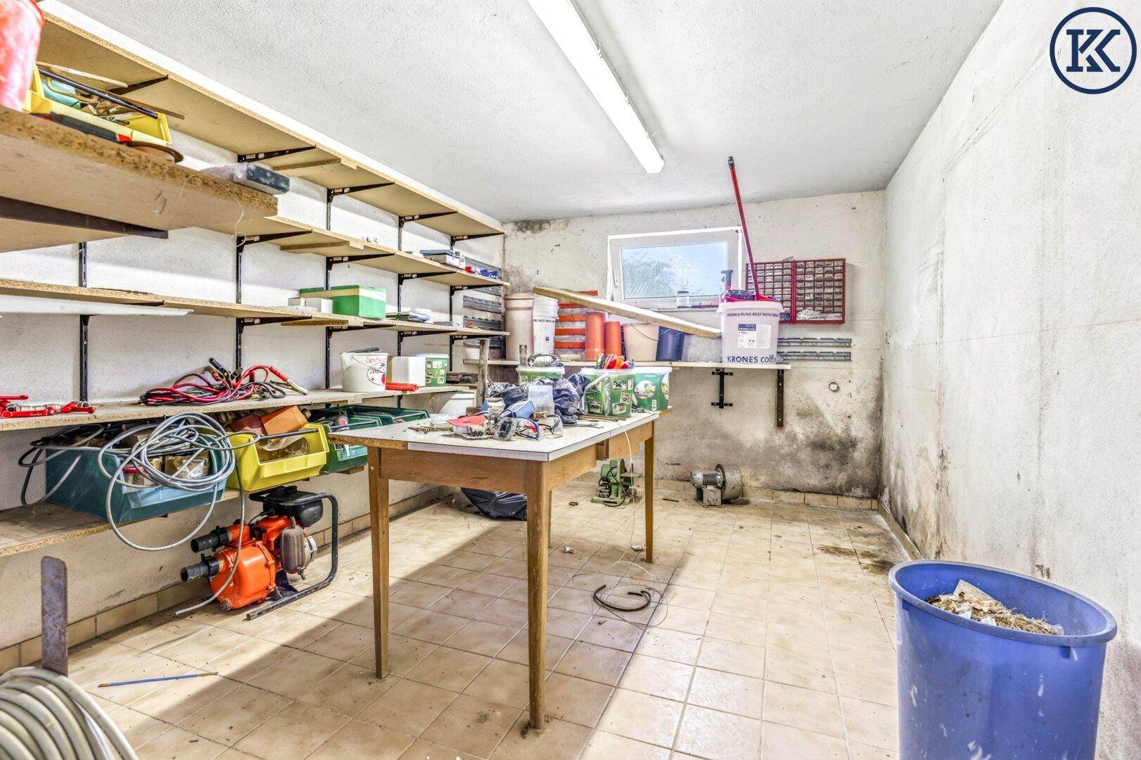 Werkstatt im Keller mit Werkbank, Regalen und einem Fenster für Tageslicht.