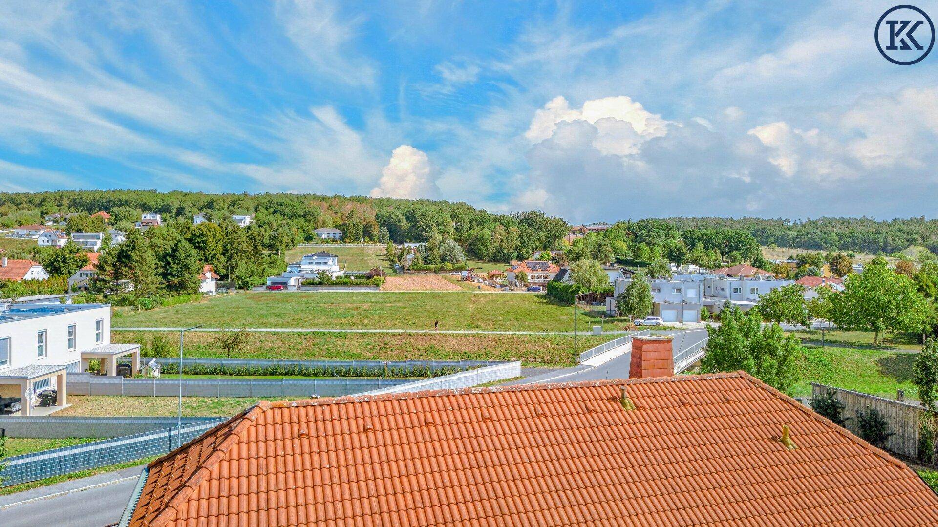 Weitblick über das Ziegeldach des Hauses auf die umliegende Wohngegend und grüne Landschaft.
