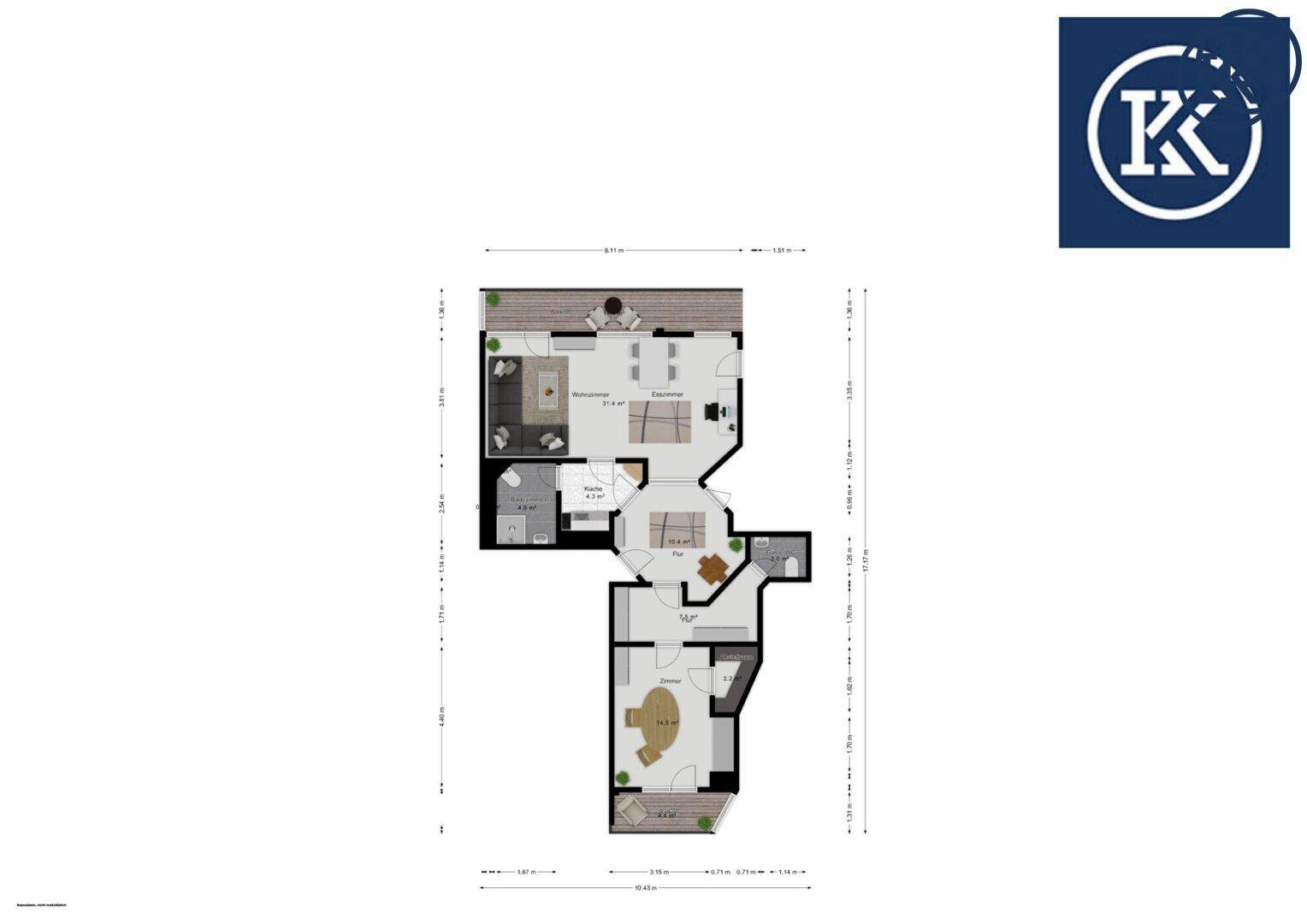 Moderner Grundriss einer Wohnung mit Balkon, möblierten Räumen und klarer Raumaufteilung.
