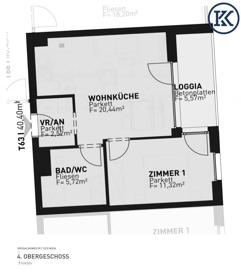 Grundriss einer Wohnung mit Wohnküche, Bad/WC, einem Zimmer und einer Loggia.