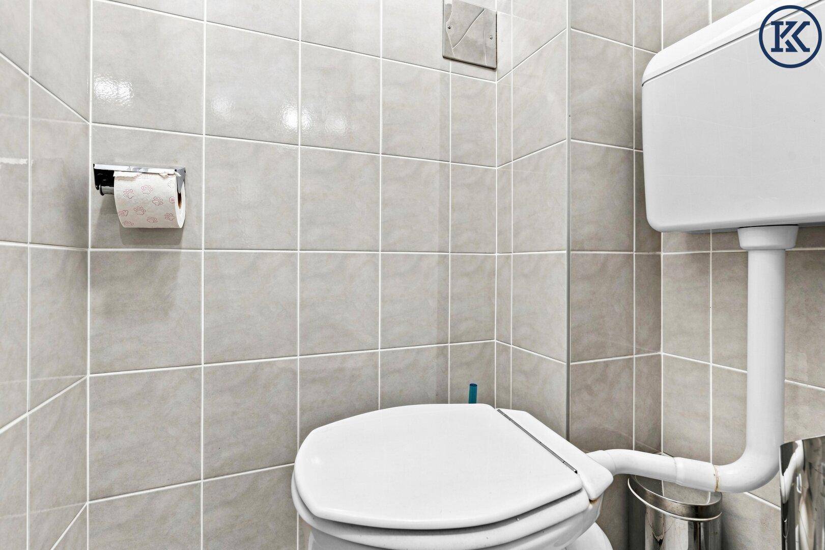 Einfache Toilette mit grauen Fliesen und einem Spülkasten in einem kleinen Raum.