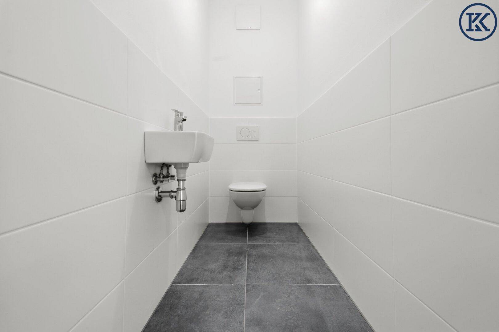 Separates WC mit wandhängender Toilette, kleinem Waschbecken und modernen Fliesen.