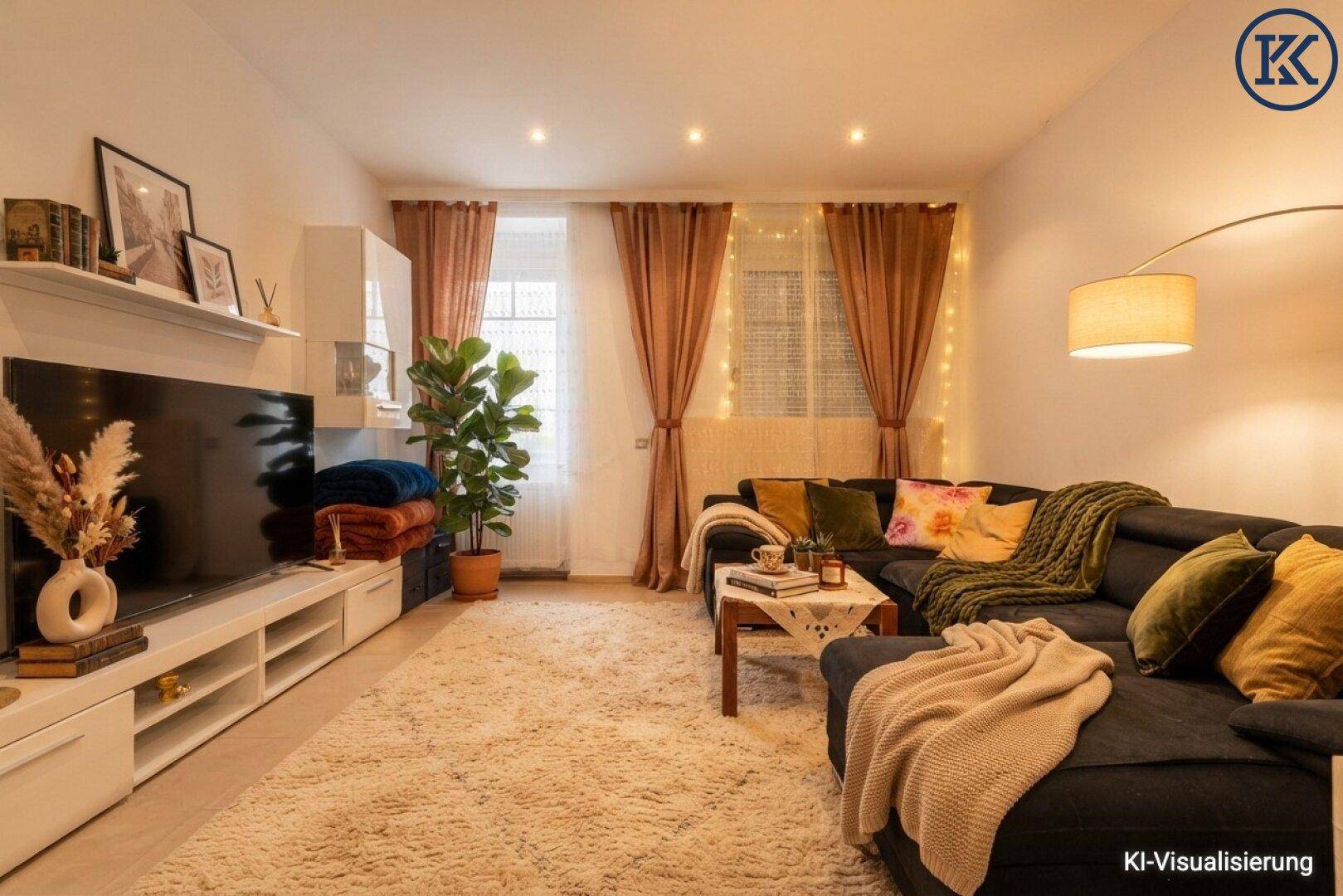 Gemütliches Wohnzimmer mit großem Ecksofa, weichem Teppich und indirekter Beleuchtung.