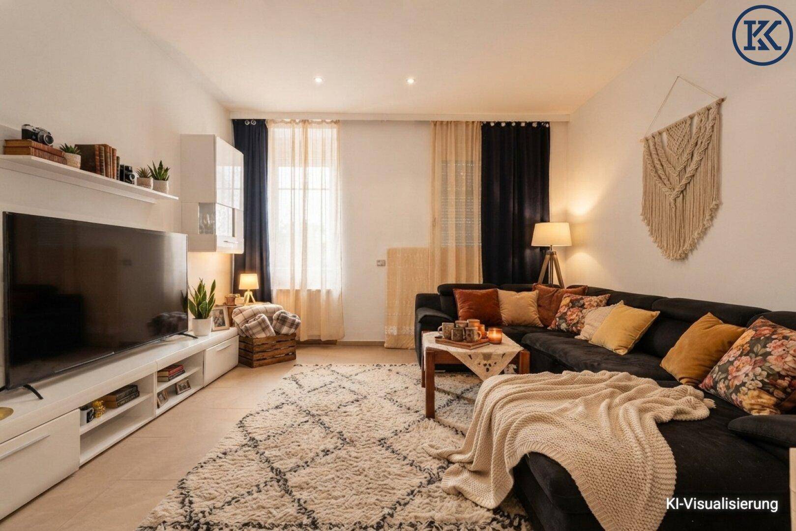 Gemütliches Wohnzimmer mit großem Sofa, Teppich und modernem Unterhaltungssystem.