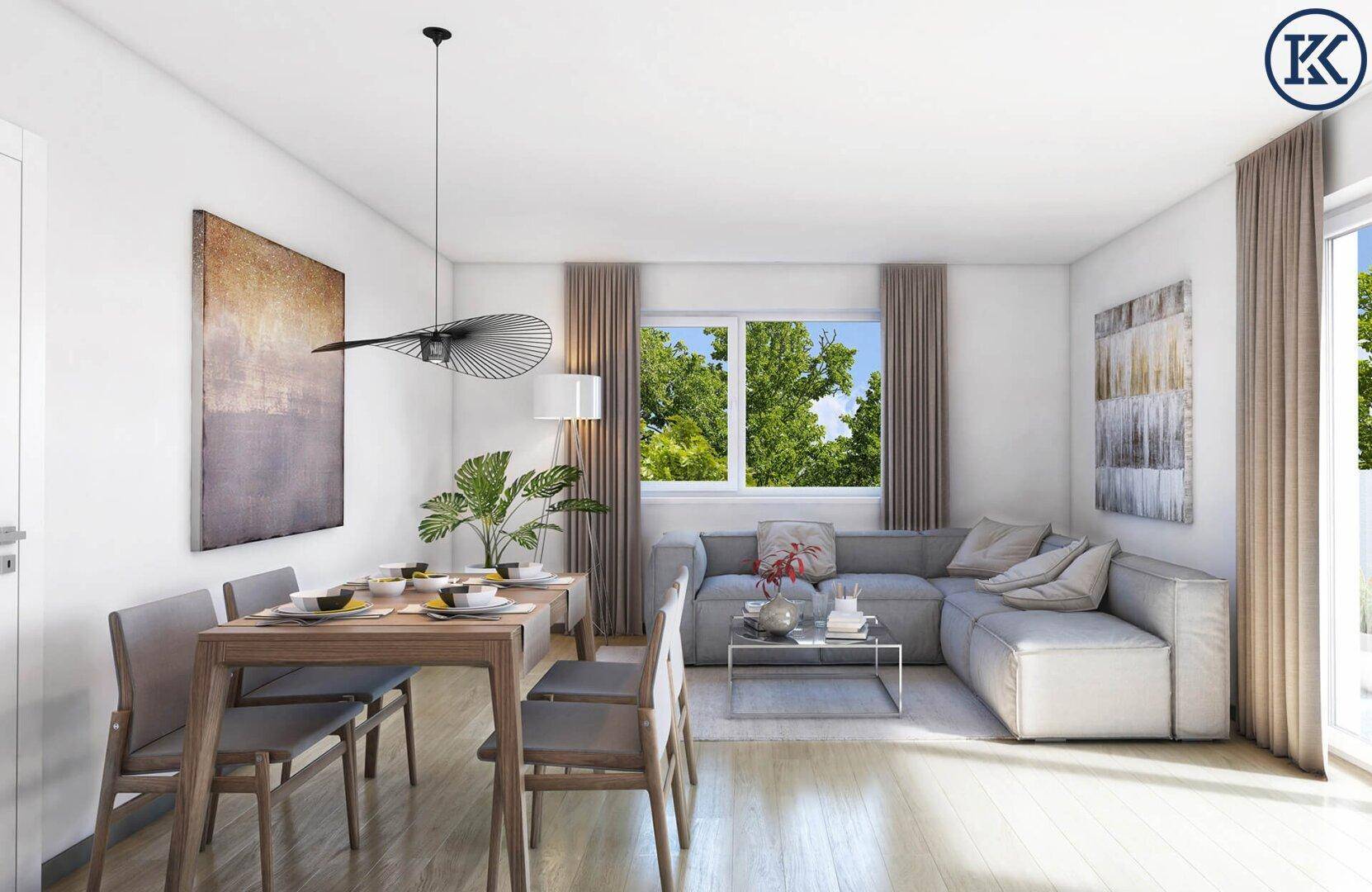 Helles Wohn-Esszimmer mit modernem Sofa, Esstisch und Blick ins Grüne durch große Fenster.
